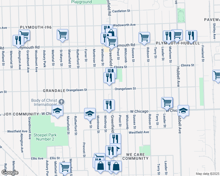 map of restaurants, bars, coffee shops, grocery stores, and more near in Detroit