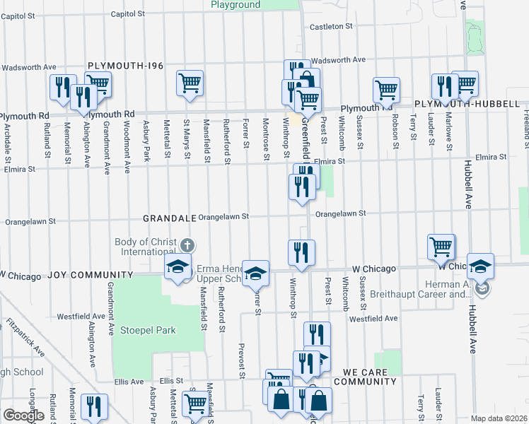 map of restaurants, bars, coffee shops, grocery stores, and more near 9660 Forrer Street in Detroit