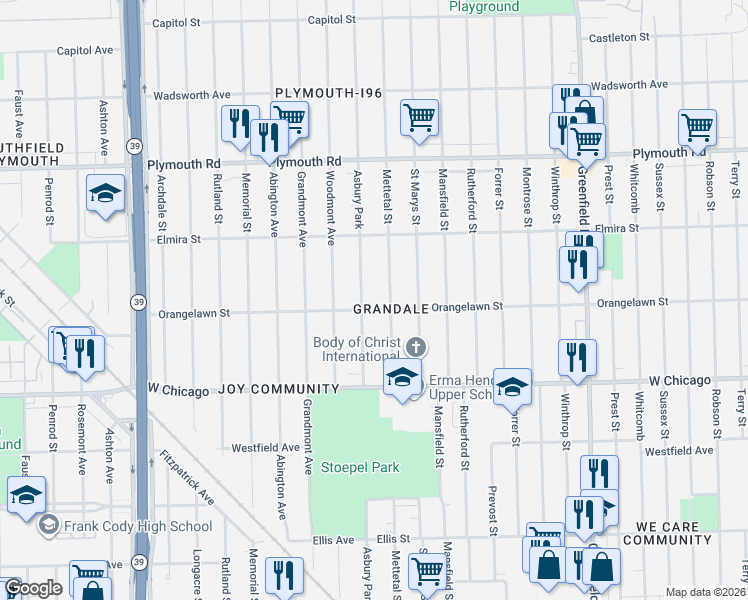 map of restaurants, bars, coffee shops, grocery stores, and more near 9660 Asbury Park in Detroit