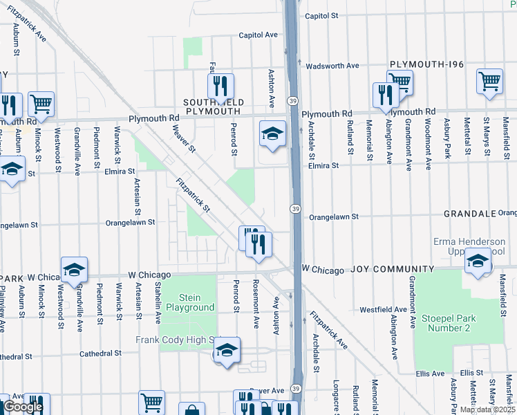 map of restaurants, bars, coffee shops, grocery stores, and more near 9901 Ashton Avenue in Detroit