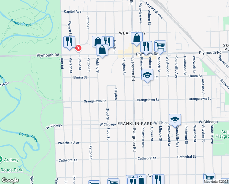 map of restaurants, bars, coffee shops, grocery stores, and more near 9922 Stout Street in Detroit