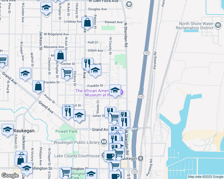 map of restaurants, bars, coffee shops, grocery stores, and more near 512 North County Street in Waukegan