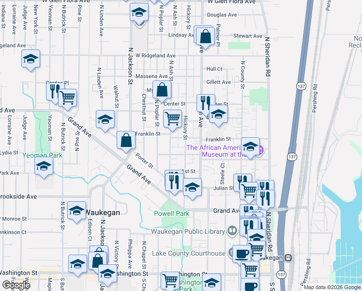 map of restaurants, bars, coffee shops, grocery stores, and more near 622 2nd Street in Waukegan