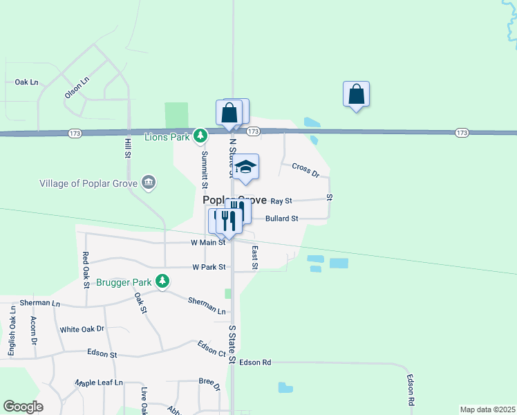 map of restaurants, bars, coffee shops, grocery stores, and more near 109 Bullard Street in Poplar Grove