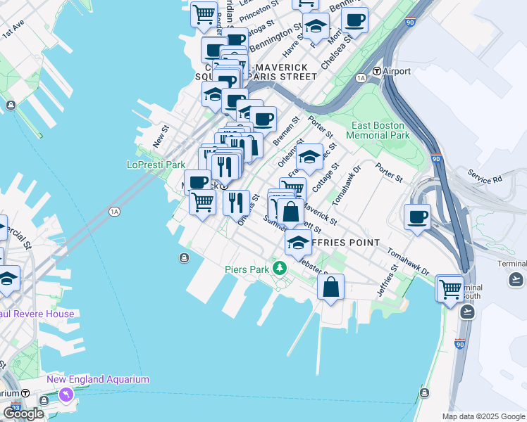 map of restaurants, bars, coffee shops, grocery stores, and more near 16 Cottage Street in Boston