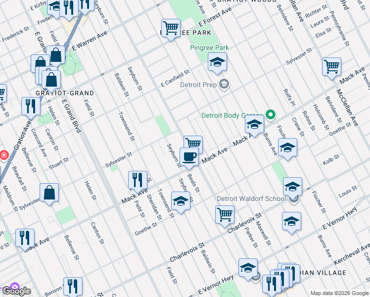 map of restaurants, bars, coffee shops, grocery stores, and more near 3653 Van Dyke Street in Detroit