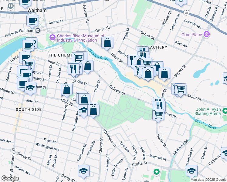 map of restaurants, bars, coffee shops, grocery stores, and more near 15 Flood Street in Waltham