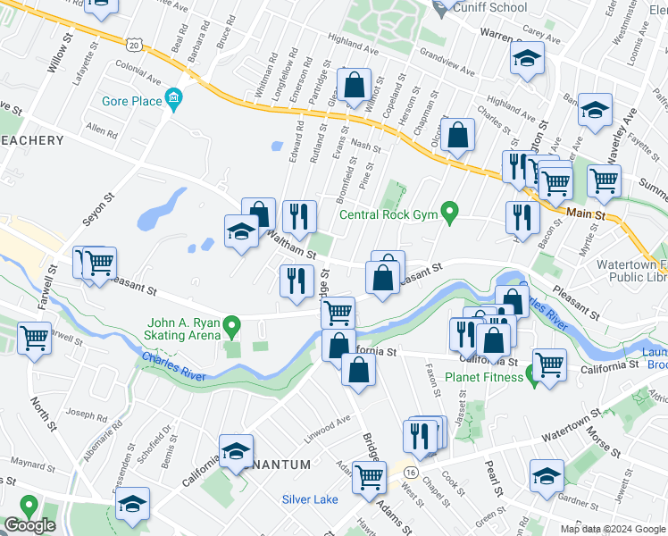 map of restaurants, bars, coffee shops, grocery stores, and more near 13 Swetts Court in Watertown