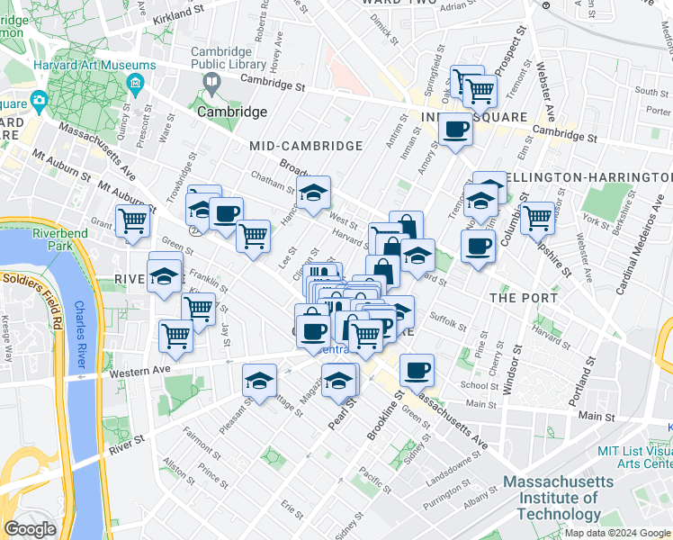 map of restaurants, bars, coffee shops, grocery stores, and more near 25 Inman Street in Cambridge