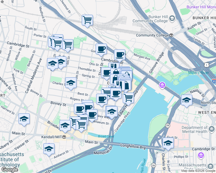 map of restaurants, bars, coffee shops, grocery stores, and more near in Cambridge