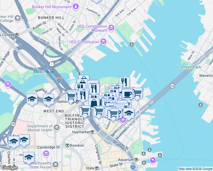 map of restaurants, bars, coffee shops, grocery stores, and more near 50 Snow Hill Street in Boston