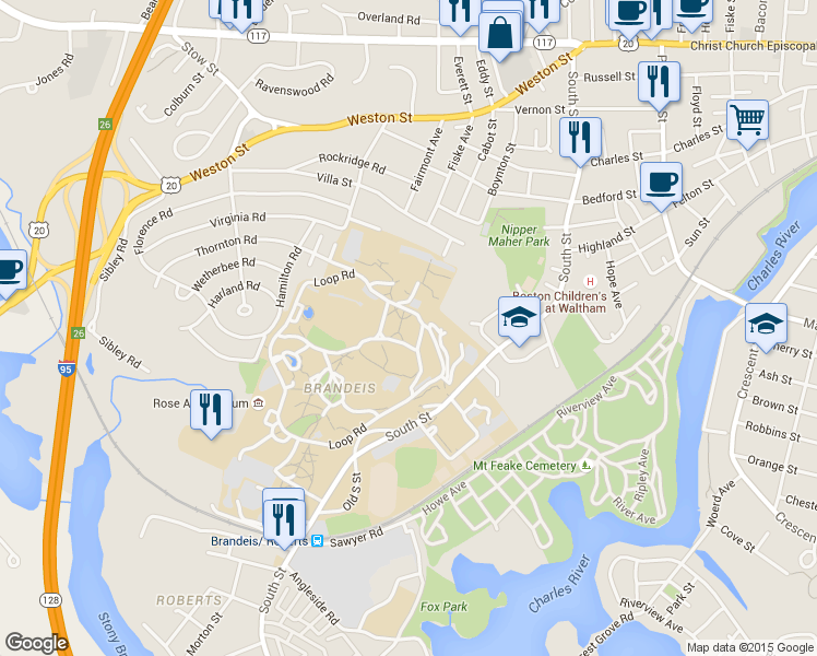 map of restaurants, bars, coffee shops, grocery stores, and more near Loop Road in Waltham