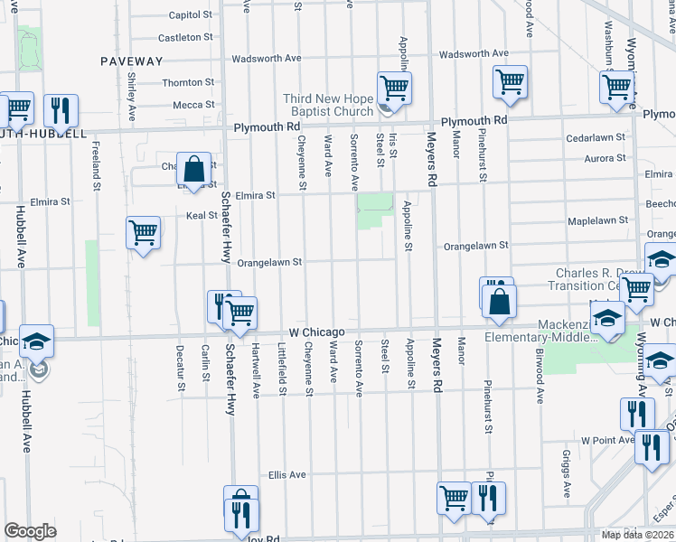 map of restaurants, bars, coffee shops, grocery stores, and more near 9607 Sorrento Avenue in Detroit