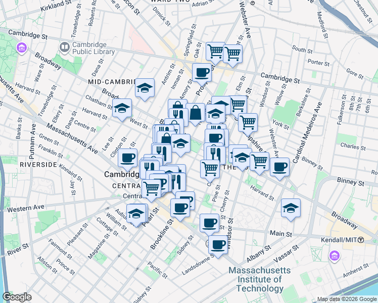 map of restaurants, bars, coffee shops, grocery stores, and more near 135 Norfolk Street in Cambridge