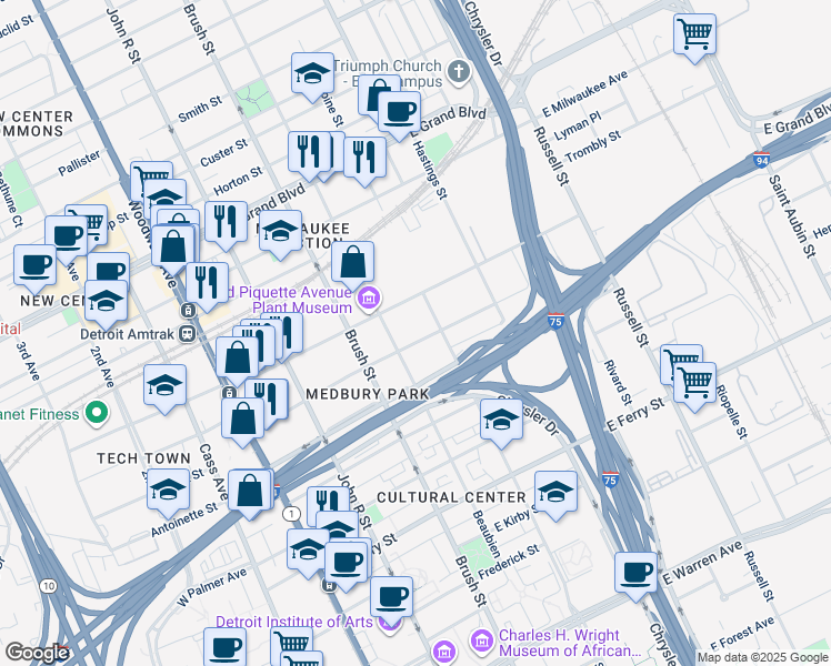 map of restaurants, bars, coffee shops, grocery stores, and more near 456 Harper Avenue in Detroit