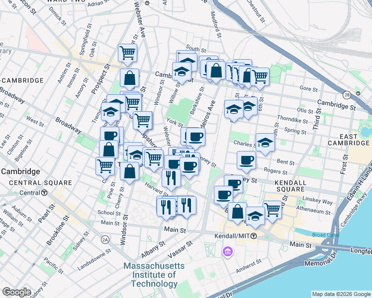 map of restaurants, bars, coffee shops, grocery stores, and more near 1400 Cardinal Medeiros Avenue in Cambridge