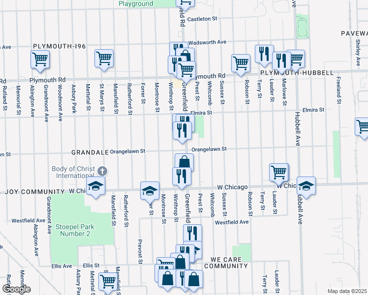 map of restaurants, bars, coffee shops, grocery stores, and more near in Detroit