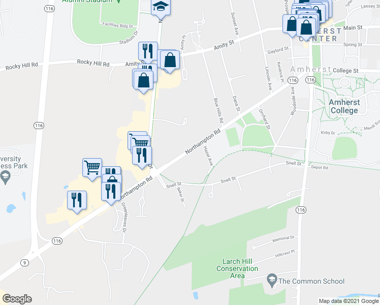 map of restaurants, bars, coffee shops, grocery stores, and more near 260 Northampton Road in Amherst