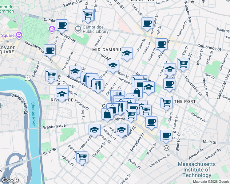 map of restaurants, bars, coffee shops, grocery stores, and more near 5 Bigelow Street in Cambridge