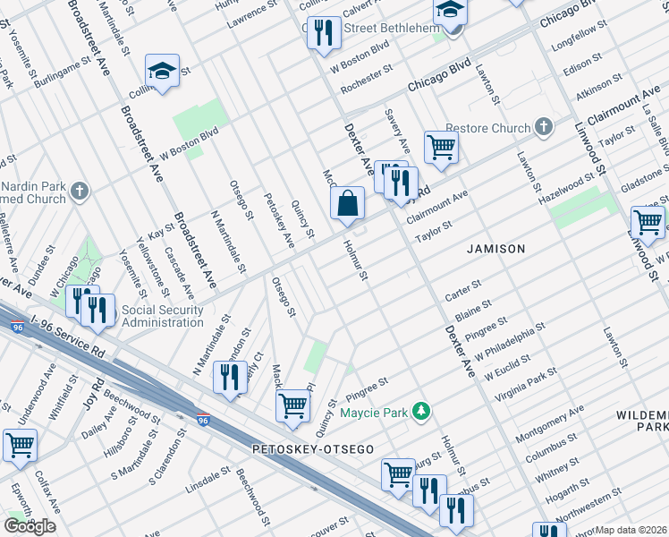 map of restaurants, bars, coffee shops, grocery stores, and more near 9019 Quincy Street in Detroit