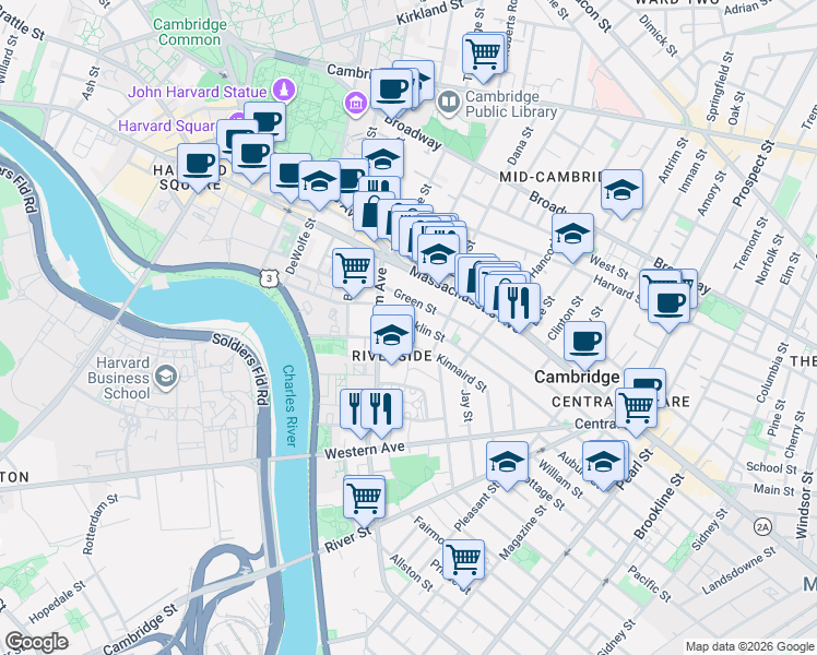 map of restaurants, bars, coffee shops, grocery stores, and more near 98 Kinnaird Street in Cambridge