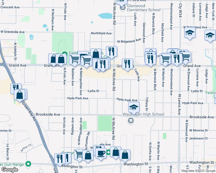 map of restaurants, bars, coffee shops, grocery stores, and more near 527 Willow Court in Waukegan