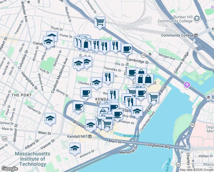 map of restaurants, bars, coffee shops, grocery stores, and more near 190 5th Street in Cambridge