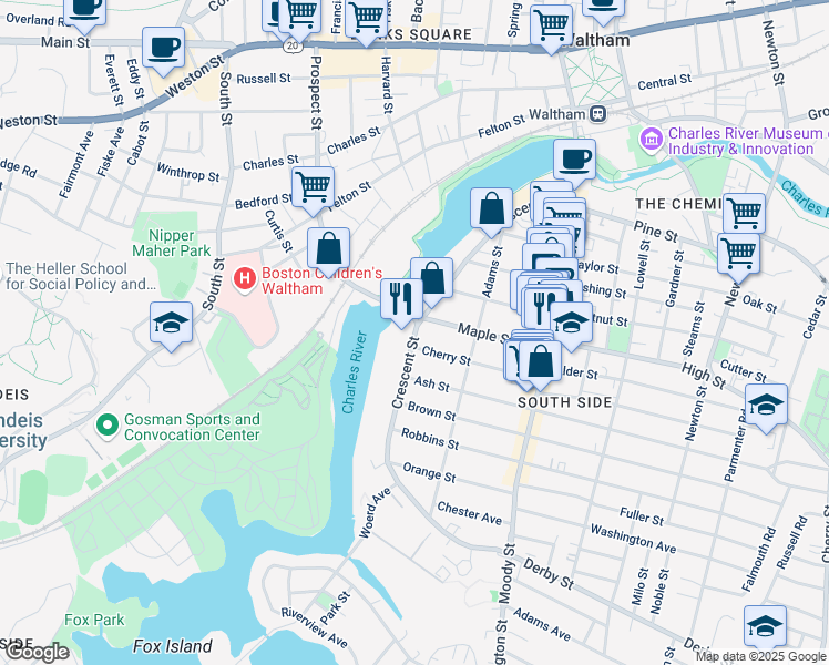 map of restaurants, bars, coffee shops, grocery stores, and more near 185 Crescent Street in Waltham
