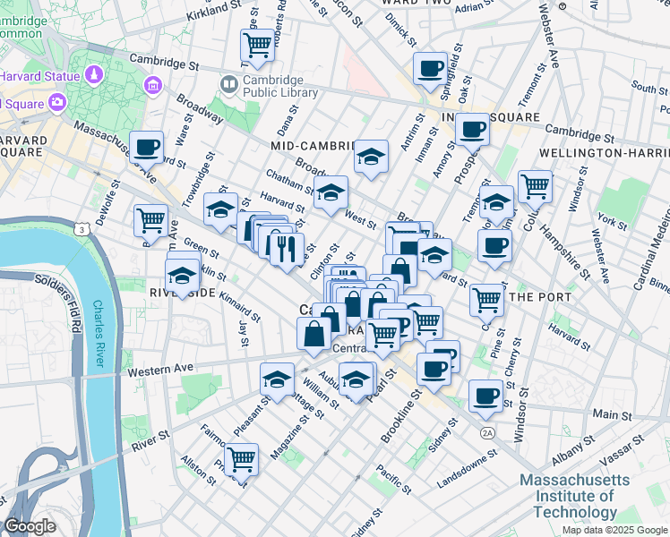 map of restaurants, bars, coffee shops, grocery stores, and more near 5 Bigelow Street in Cambridge