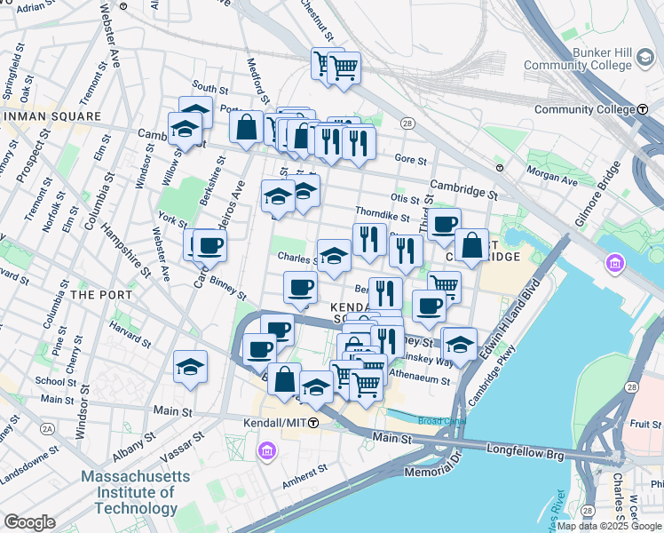 map of restaurants, bars, coffee shops, grocery stores, and more near 254 Bent Street in Cambridge