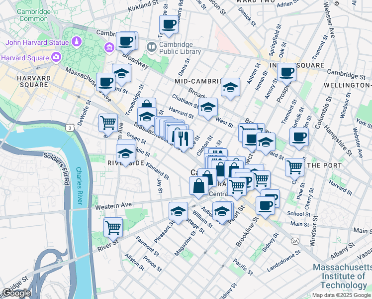 map of restaurants, bars, coffee shops, grocery stores, and more near 864 Massachusetts Avenue in Cambridge