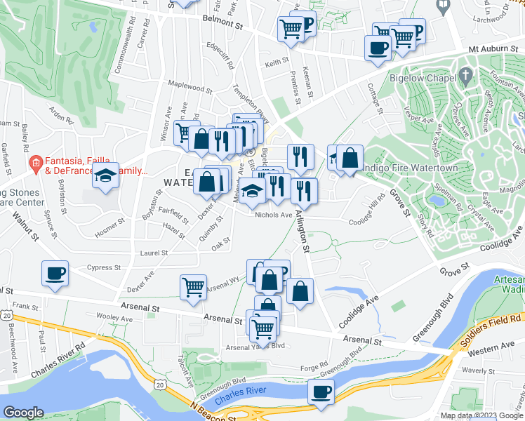 map of restaurants, bars, coffee shops, grocery stores, and more near 47 Nichols Avenue in Watertown
