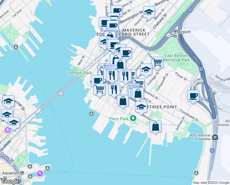 map of restaurants, bars, coffee shops, grocery stores, and more near 239 Sumner Street in Boston