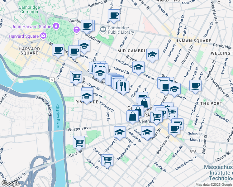 map of restaurants, bars, coffee shops, grocery stores, and more near 512 Green Street in Cambridge