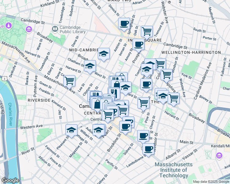 map of restaurants, bars, coffee shops, grocery stores, and more near 115 Prospect Street in Cambridge