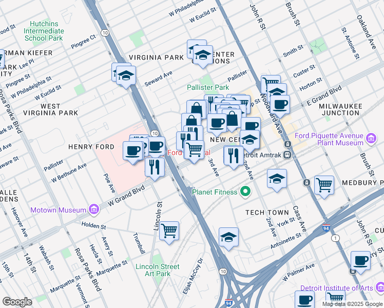 map of restaurants, bars, coffee shops, grocery stores, and more near 2898 West Grand Boulevard in Detroit