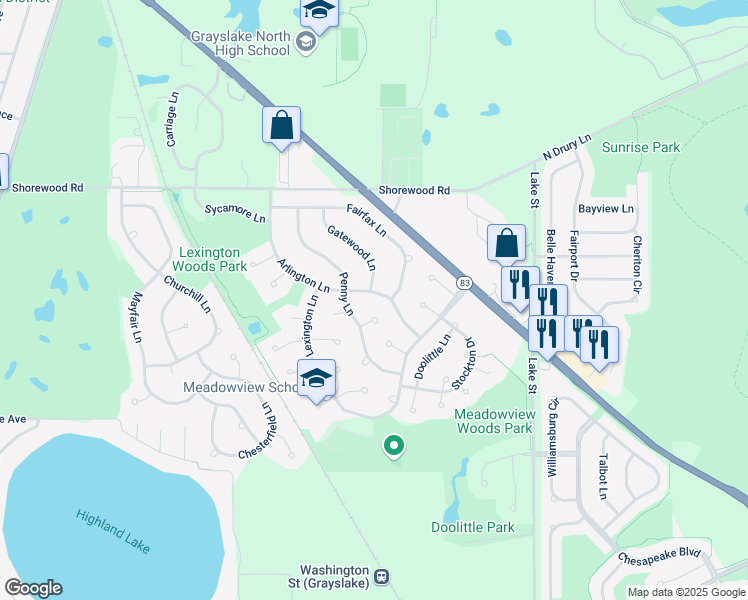 map of restaurants, bars, coffee shops, grocery stores, and more near 325 Arlington Lane in Grayslake