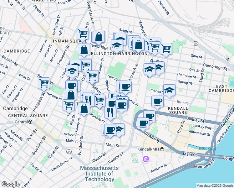 map of restaurants, bars, coffee shops, grocery stores, and more near 33 Webster Avenue in Cambridge