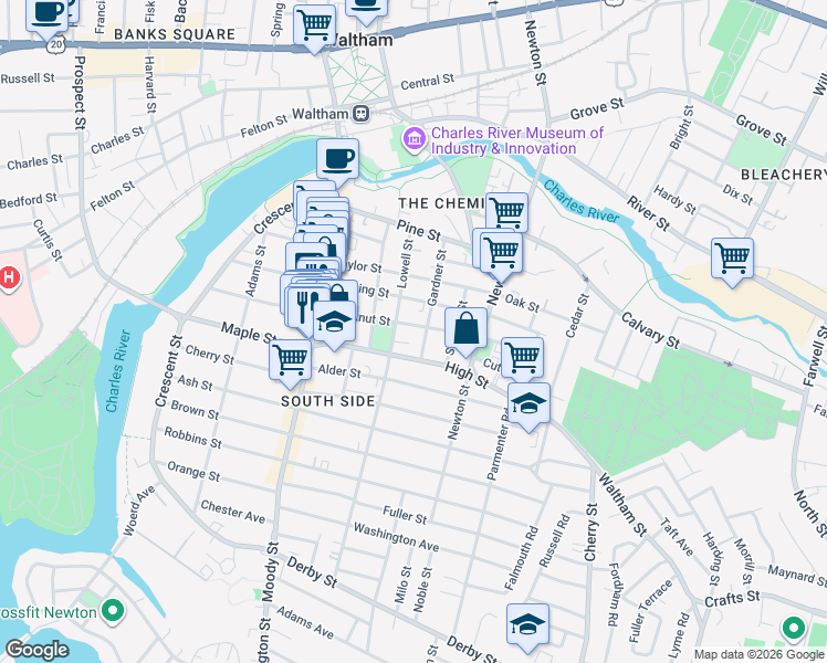 map of restaurants, bars, coffee shops, grocery stores, and more near 80 High Street in Waltham