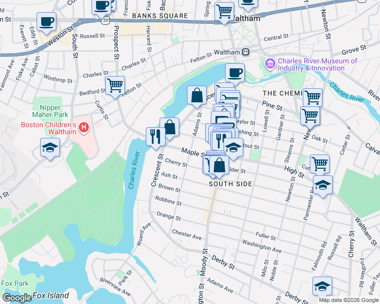 map of restaurants, bars, coffee shops, grocery stores, and more near Maple Street in Waltham