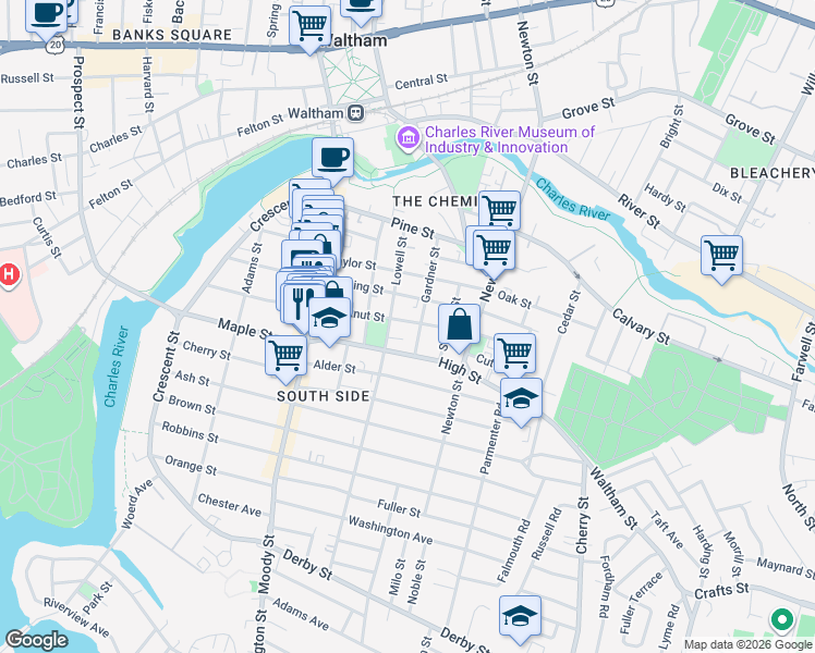 map of restaurants, bars, coffee shops, grocery stores, and more near 80 High Street in Waltham