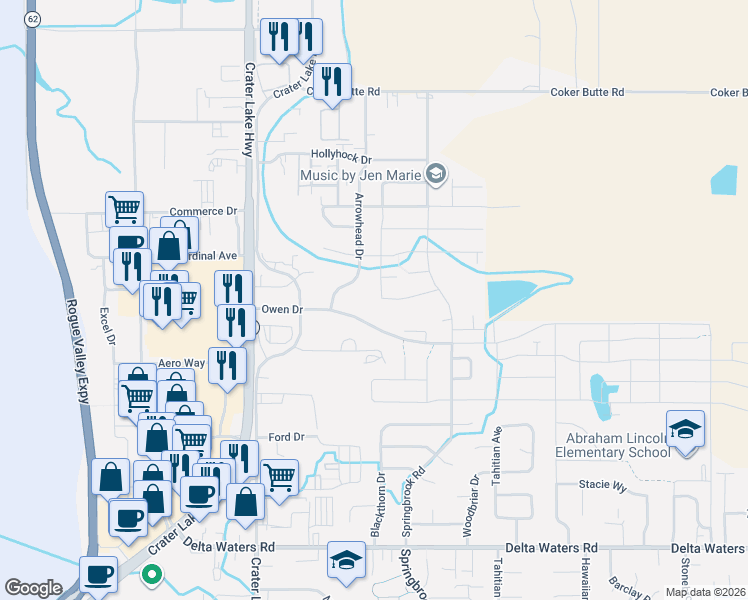 map of restaurants, bars, coffee shops, grocery stores, and more near 1608 Monarch Lane in Medford