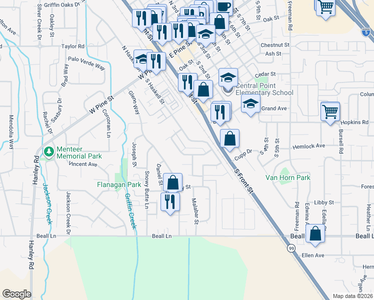 map of restaurants, bars, coffee shops, grocery stores, and more near 445 Cheney Loop in Central Point