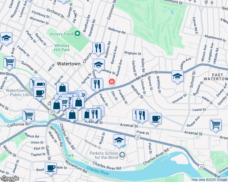 map of restaurants, bars, coffee shops, grocery stores, and more near 25 Otis Street in Watertown