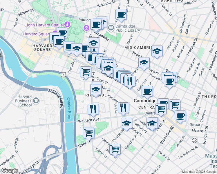 map of restaurants, bars, coffee shops, grocery stores, and more near in Cambridge