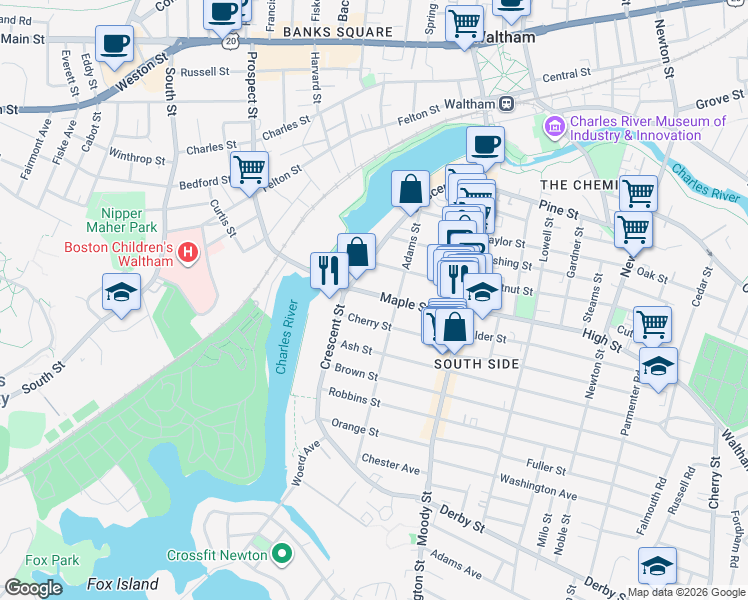 map of restaurants, bars, coffee shops, grocery stores, and more near 107 Adams Street in Waltham