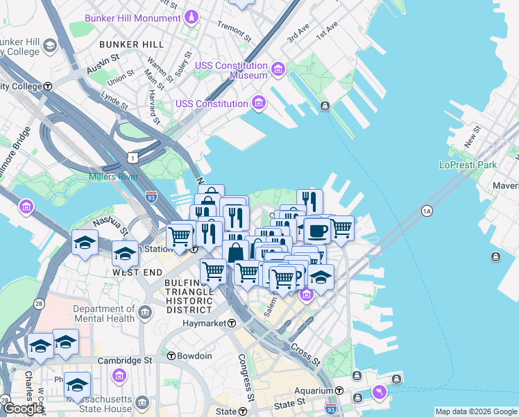 map of restaurants, bars, coffee shops, grocery stores, and more near 50 Snow Hill Street in Boston