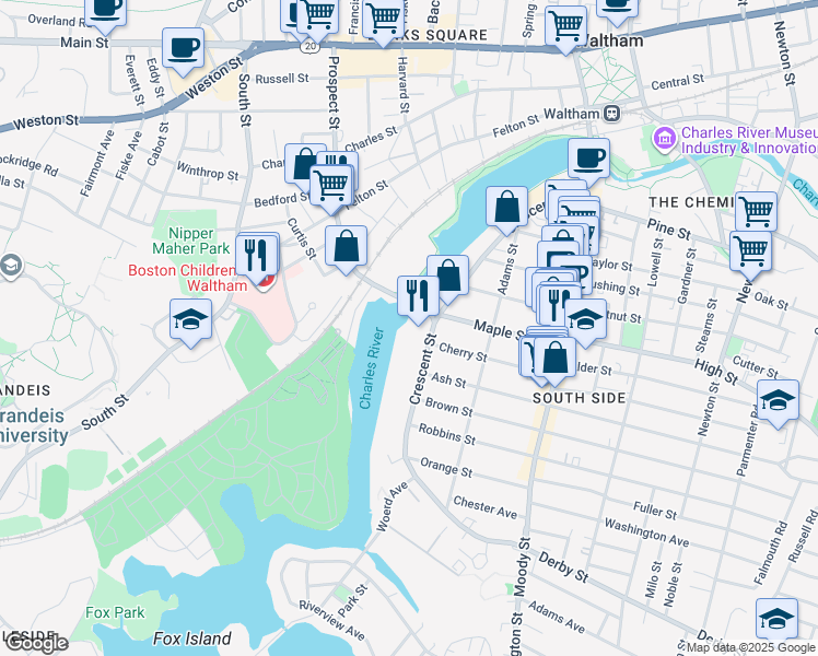 map of restaurants, bars, coffee shops, grocery stores, and more near 241 Crescent Street in Waltham