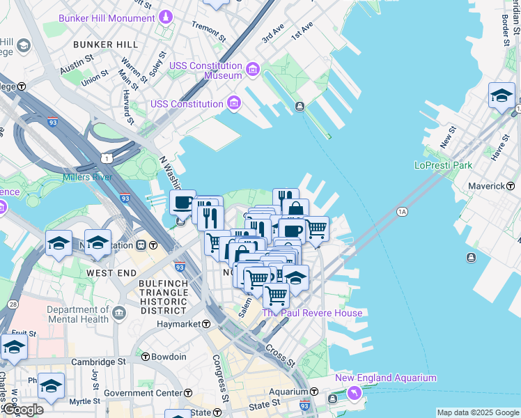 map of restaurants, bars, coffee shops, grocery stores, and more near 501 Commercial Street in Boston