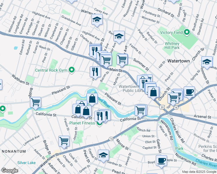 map of restaurants, bars, coffee shops, grocery stores, and more near 12 Homer Street in Watertown